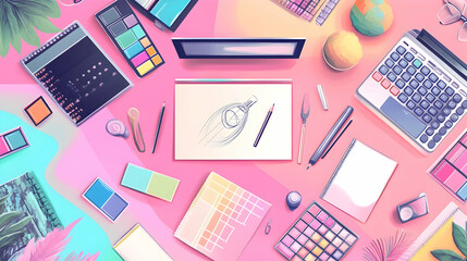 Flat lay of a creative workspace with a drawing of a rocket on a notepad, surrounded by pencils, pens, paints, and other supplies.