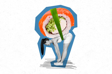 Creative banner collage advert girl fresh seafood sushi roll premium restaurant delivery philadelphia sushi isolated on white background © deagreez