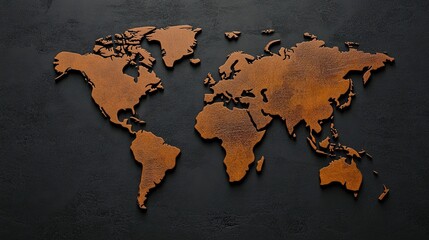 Rustic World Map on Dark Background, Artistic Representation of Continents and Oceans, Ideal for Travel and Adventure Themes in Design Projects