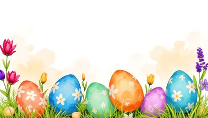 Fototapeta premium Colorful Easter eggs adorned with flowers amidst blooming garden in cheerful spring setting 
