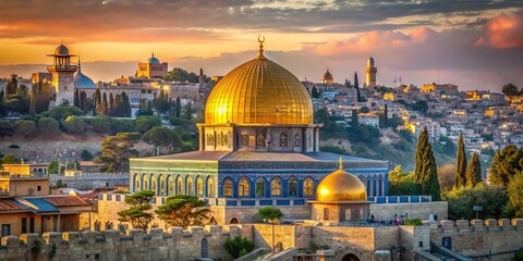 Obraz premium Stunning Exterior View of the Dome of the Rock in Jerusalem: A Majestic Islamic Shrine Surrounded by Historic Architecture and Vibrant Culture - Architectural Photography