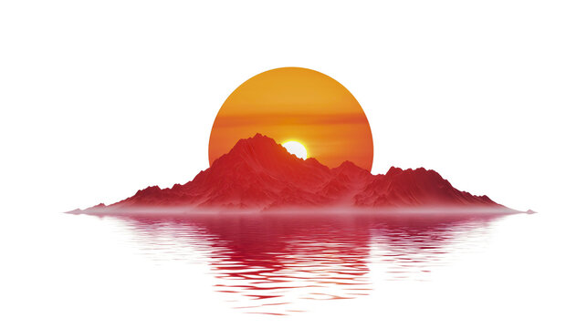 Sunset illustration of tropical island silhouette with serene mountain reflection over calm water, orange horizon glow and vibrant sunlight in peaceful summer landscape, artistic style tranquil beauty