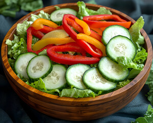 Fresh salad with lettuce, cucumber, and bell peppers in a wooden bowl.