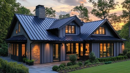 Obraz premium Modern house with a sleek design and natural surroundings at sunset.