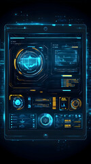 Fototapeta premium Futuristic tablet screen with digital interface, glowing blue and yellow details.