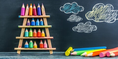 A colorful ladder made of chalks and pencils stands near fluffy clouds drawn on a blackboard.