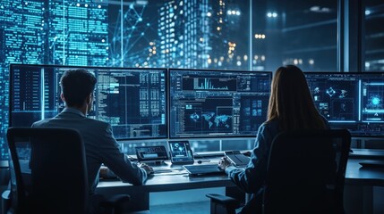 Two specialists monitoring multiple screens displaying data analytics, global maps, and cybersecurity information in a dark control room illuminated by blue digital displays