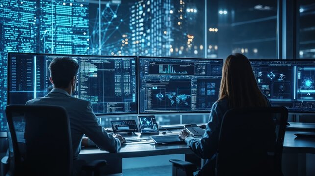 Two specialists monitoring multiple screens displaying data analytics, global maps, and cybersecurity information in a dark control room illuminated by blue digital displays