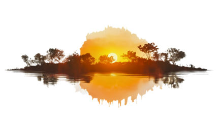 Sunset sunrise island reflection on water silhouette isolated png with nature landscape trees sun in orange serene horizon calm and tranquil peaceful lake