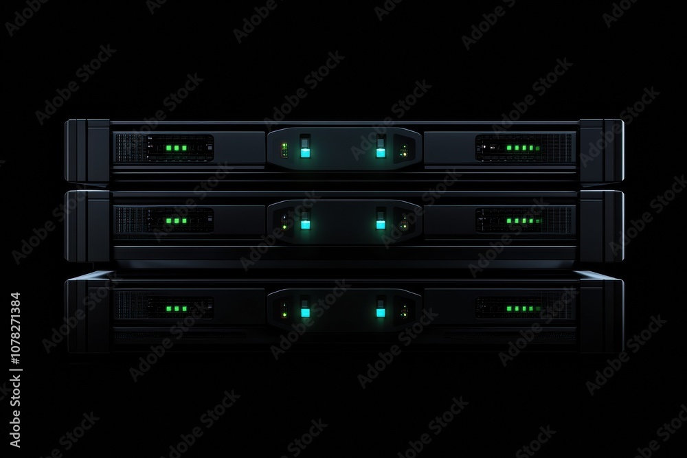 Aufkleber A close-up view of servers with blinking indicators on a dark background, indicating active network operations and functionality. Generative AI