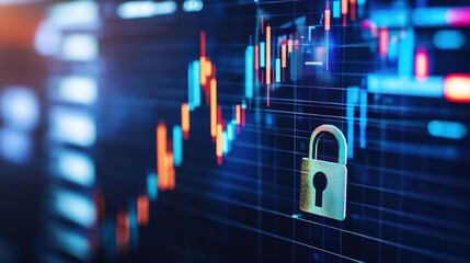 A digital padlock signifies cybersecurity while blurred financial data fills the background