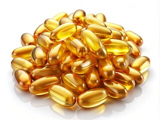 Fototapeta premium Surreal Display of Golden Softgel Capsules on a Pristine White Background, Emphasizing the Beauty of Health Supplements and Nutritional Vitamins for Wellness Enthusiasts