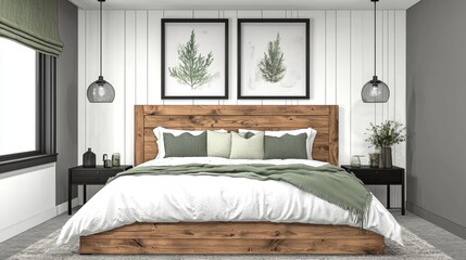 Stylish bedroom features rustic wood bed, green accents, elegant lighting, and botanical art, creating a cozy and sophisticated atmosphere.
