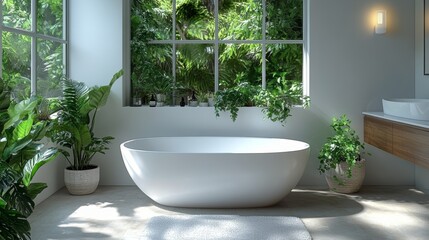 Fototapeta premium A serene bathroom featuring a modern bathtub, surrounded by lush indoor plants and large windows letting in natural light.