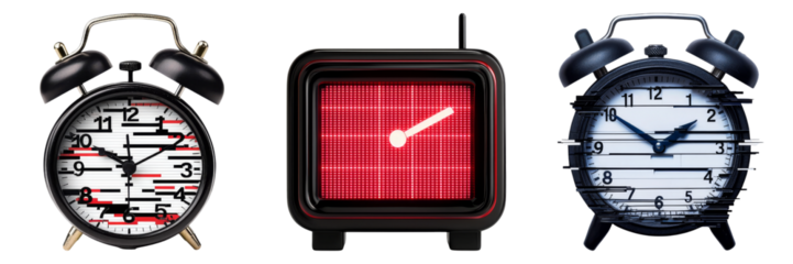 Three unique alarm clocks with distinct designs showcasing various styles of timekeeping and display formats.