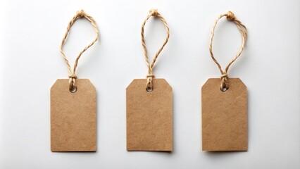 Three Brown Tags Hanging from a String on a White Background - Perfect for Labeling, Gift Tags, and Product Displays in Minimalist Style