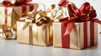 Obraz premium Beautifully wrapped gift boxes with a large ribbons and bows, centered on a white background. 