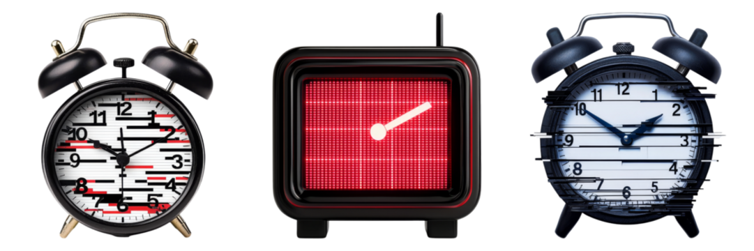 Three unique alarm clocks with distinct designs showcasing various styles of timekeeping and display formats.