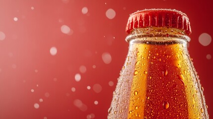Refreshing soda bottle with condensation droplets on red background, highlighting cold beverage appeal in a close-up shot.