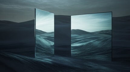 Two large mirrors in a desert reflect rolling sand dunes against a moody sky, creating a surreal and dreamlike scene.