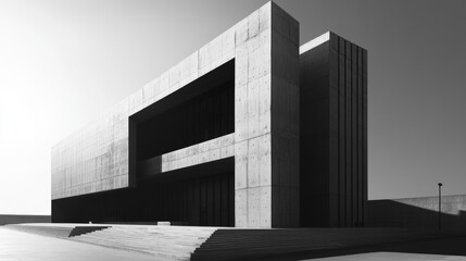 Black and white photo of a minimalist concrete building with geometric shapes and dramatic shadows in urban setting.