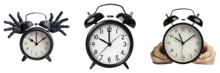 Three black alarm clocks display different times, with one clock held by hands, showcasing various designs and functionalities.