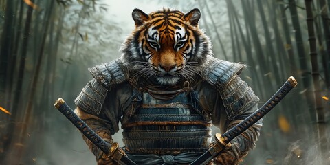 Fototapeta premium A tiger wearing a samurai suit holding two swords in a bamboo forest.