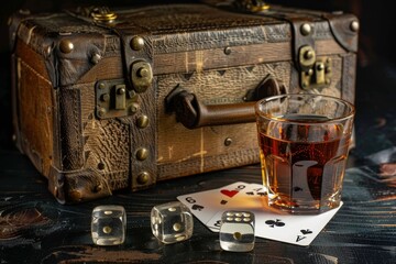 A Vintage Suitcase and a Glass of Whiskey Beside Playing Cards and Dice on a Wooden Table, Evoking a Cozy Game Night Atmosphere