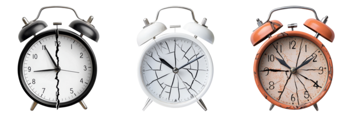 Three alarm clocks in various styles, featuring cracked and damaged faces, symbolizing the passage of time and wear.