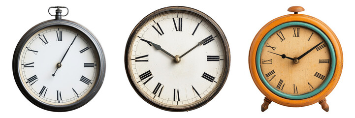 Three vintage clocks showcase distinct designs, highlighting their unique dials and finishes.