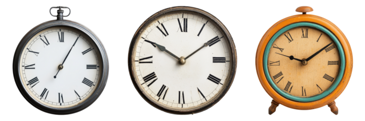 Three vintage clocks showcase distinct designs, highlighting their unique dials and finishes.