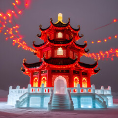 Fototapeta premium A detailed ice replica of a traditional Chinese pagoda is illuminated with vibrant red and gold lights