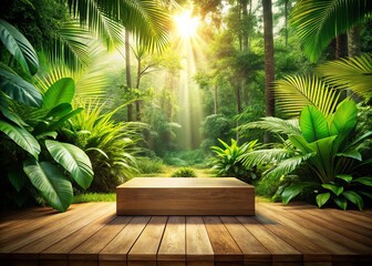 Fototapeta premium Wooden Podium in Tropical Forest for Product Presentation with Lush Green Background, Ideal for Marketing and Advertising Use in Nature-Inspired Themes