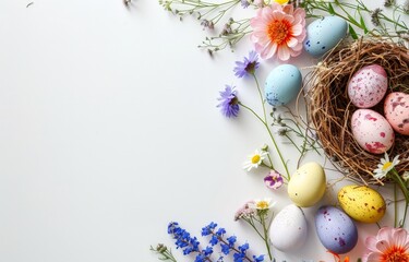 Easter Eggs in a Nest with Flowers