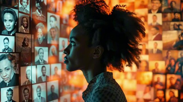 African-American woman standing in front of a wall with old photos of famous historical persons. Black History Month. Heritage and identity of black people
