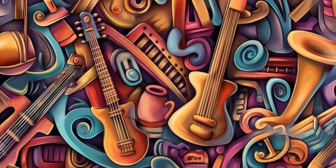 Obraz premium A fun, colorful poster with cartoon drawings of musical instruments and objects. Perfect for a music-themed design!