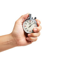 Hand Holding a Stopwatch on White Background


