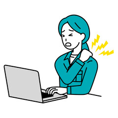 ノートパソコンの仕事中に肩こりがつらい作業員の女性