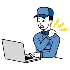 ノートパソコンの仕事中に肩こりがつらいつなぎ作業服の男性