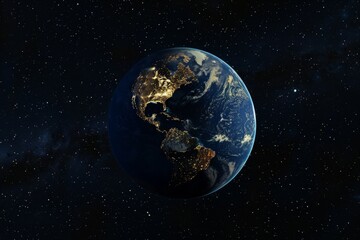 A View of Earth From Space Illuminated by City Lights During Nighttime Showcasing Continents and Oceans