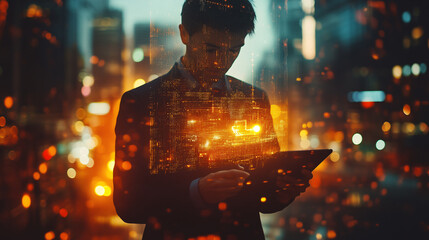 Businessman using tablet with futuristic city data overlay at night