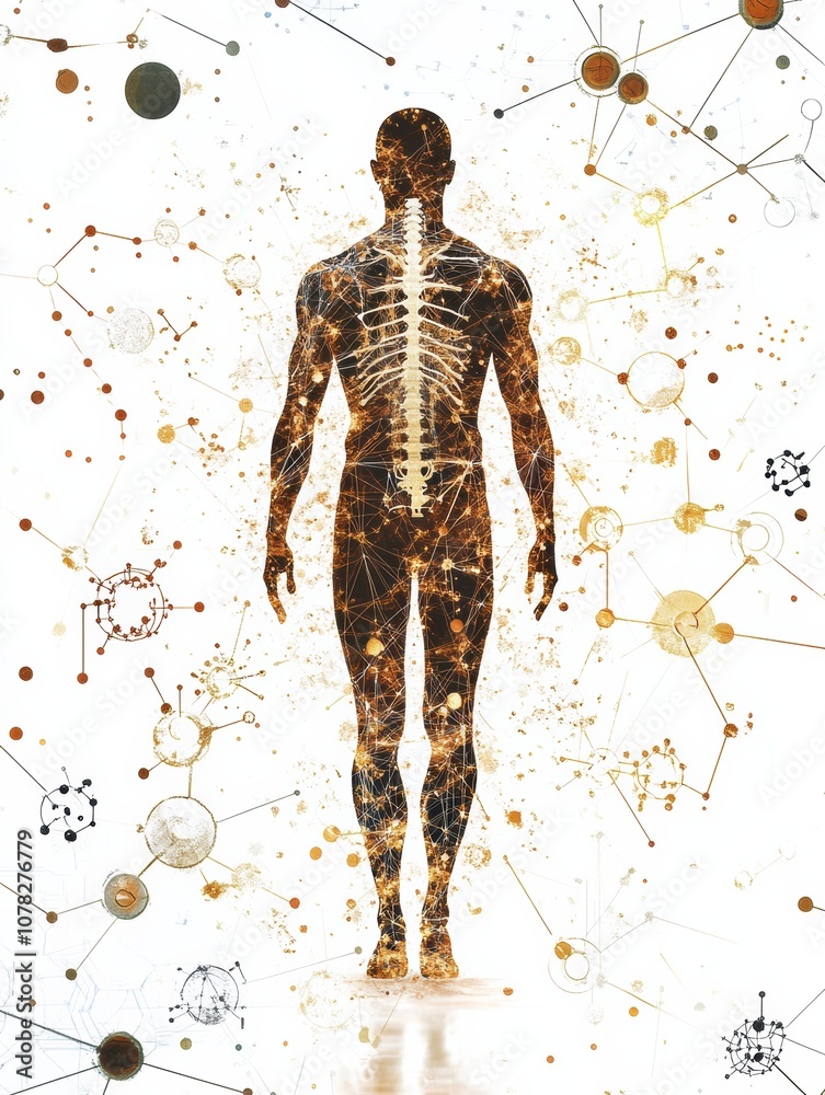 Poster a human silhouette stands against a backdrop of molecular images and diagrams, symbolizing the conne