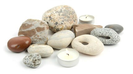 Stones and Candles - a serene and calming arrangement. The stones and candles on a white background create a tranquil and harmonious atmosphere.