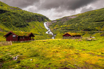 mountain norwegian landscape with houses