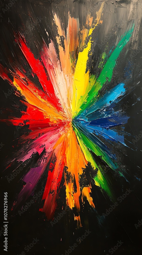Poster A vibrant abstract painting with a radial pattern of colors emanating from a central point, resembling an explosion of color on a black background.