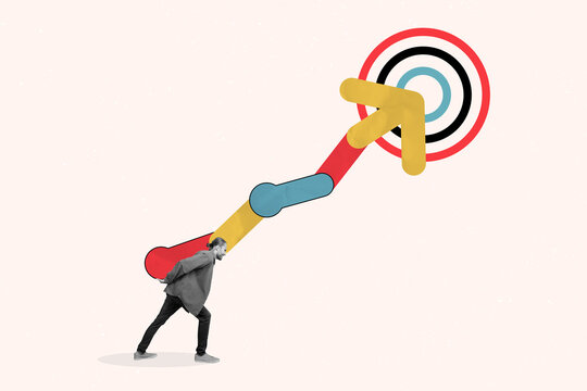 Creative collage man carry back dynamic arrow direction up progress improvement development target goal aim achievement inspiration