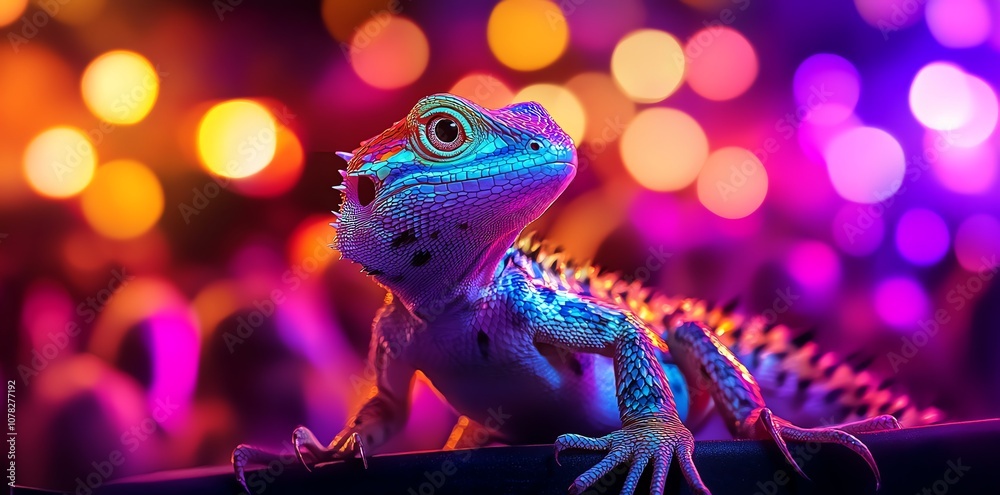 Poster a vibrant blue lizard with colorful bokeh lights in the background.