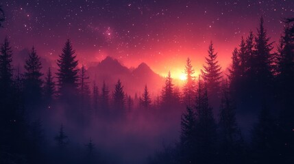 Fototapeta premium Serene twilight landscape with mountains and dense forest.