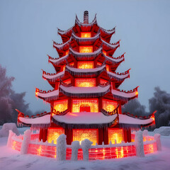 Fototapeta premium A detailed ice replica of a traditional Chinese pagoda is illuminated with vibrant red and gold lights