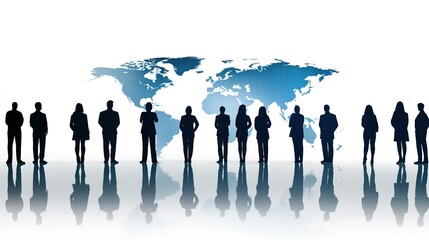 Business Team Silhouette with World Map Background Representing Global Collaboration and Networking in an Office Setting